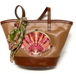 Exquisite Patricia Nash large tote purse with attached coin purse,Tan w/brn trim